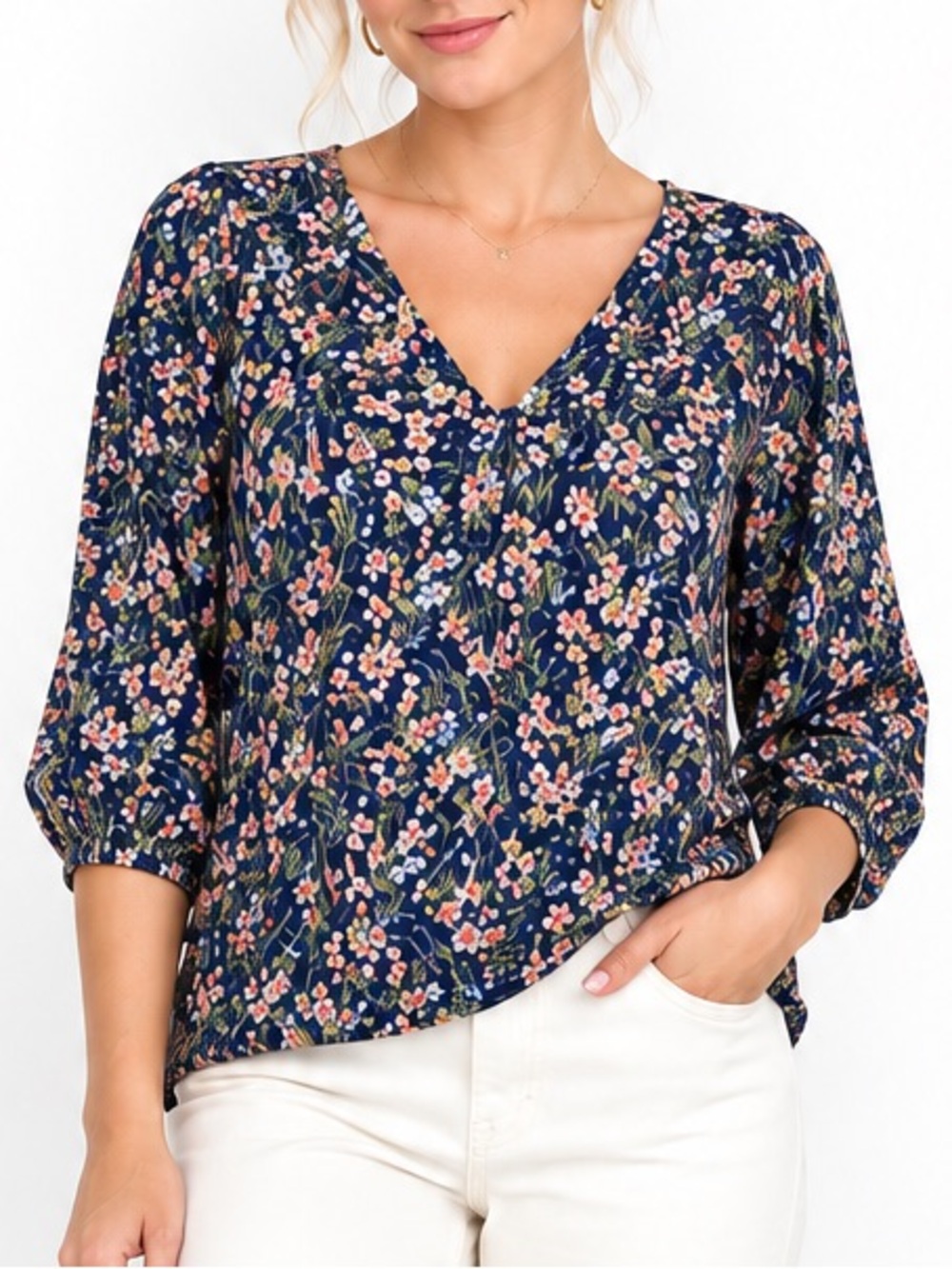 Vince Camuto Navy Ditsy Floral Print Stretch Knit V-Neck 3/4 Sleeve Top XXL